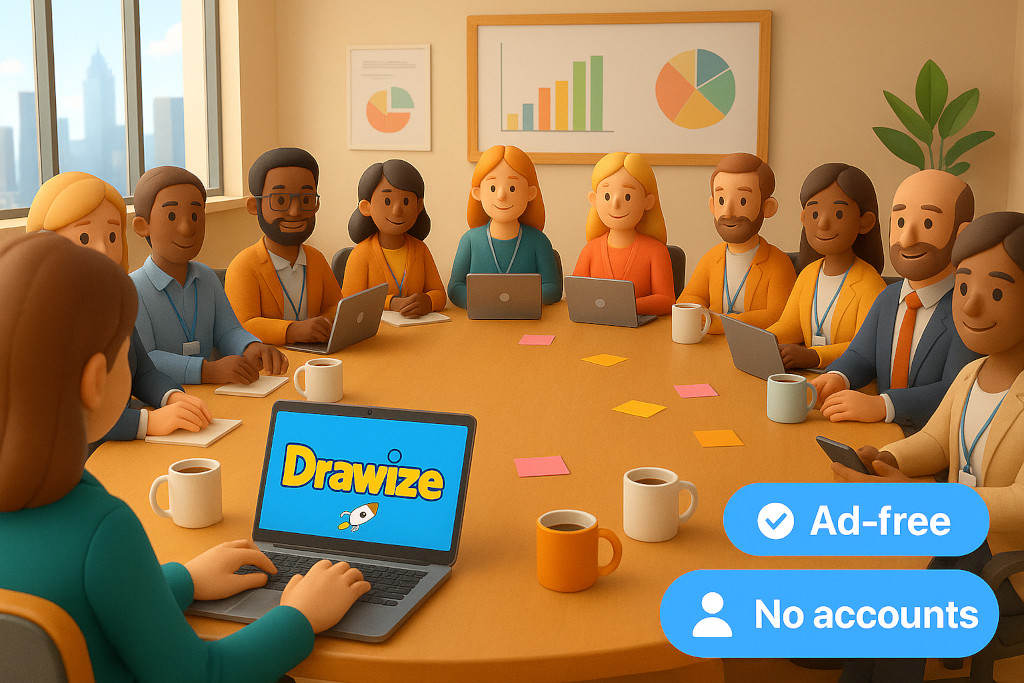 Remote team enjoying an ad-free Drawize workshop across laptops in a video call